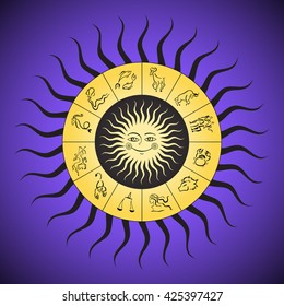 Zodiac circle with horoscope signs. Sun with smile. Vector hand drawn illustration. Boho style