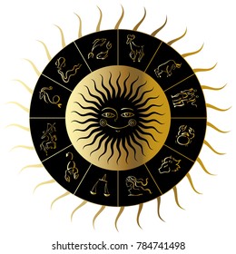 Zodiac circle with horoscope signs. Sun with smile. Vector hand drawn illustration. Boho style
