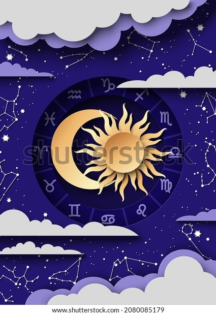 Zodiac circle with horoscope signs, the\
Sun, Moon and constellations, vector illustration in paper art\
style. Zodiac wheel. Astrology poster\
template.