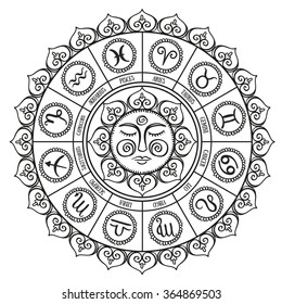 Zodiac circle with horoscope signs.Hand drawn Vector illustration