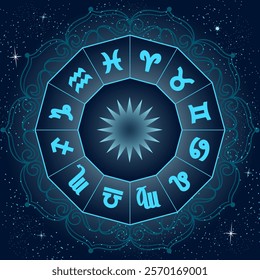 Zodiac circle on the background of a mandala.Color vector illustration with zodiac signs in a circle on the background of a mandala and a starry sky.