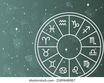 Zodiac circle on the background of a space. Astrology. The science of stars and planets. Ruler planets. Twelve zodiac sign, web banner