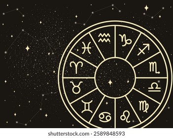 Zodiac circle on the background of a space. Astrology. The science of stars and planets. Ruler planets. Twelve zodiac sign, web banner, black background