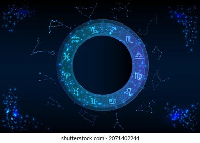 Zodiac circle on a background of the starry sky. Astrological symbolism.