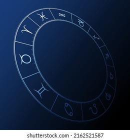 Zodiac circle on a dark blue background. Three dimensional astrological chart, showing the twelve star sign symbols. Wheel of the zodiac, used in modern horoscopic astrology, with 360 degree division. - Shutterstock ID 2162521587