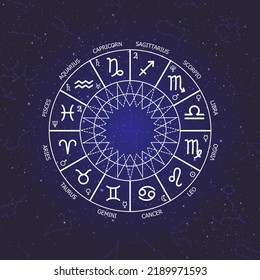 Zodiac circle on a dark blue background of the space. Astrology. Cosmogram. twelve signs of the zodiac. Vector illustration