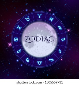 Zodiac circle on space background with moon in the centre, star constellations, horoscope symbols, vector illustration