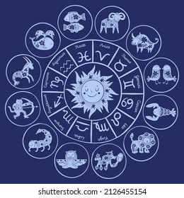 Zodiac circle. Round astrological calendar. Horoscope patterned symbols and star constellation signs. Zodiacal animals. Mystical wheel fortune prediction. Freehand style