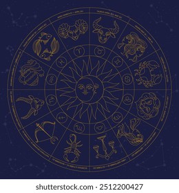 Zodiac circle. Round horoscope birth chart with zodiac signs. Celestial elements, sun and moon. Hand drawn line astrological wheel. Surround frame with vector mystical symbols.