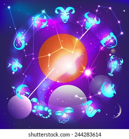 Zodiac circle in space, vector illustration
