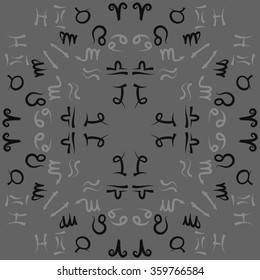 Zodiac circular pattern, sign , doodles, hole,taurus,capricorn,virgo,pisces, cancer,scorpio,libra, gemini,aquarius, lion,aries,sagittarius. Hand drawn.