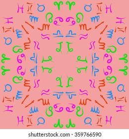 Zodiac circular pattern, sign , doodles, hole,taurus,capricorn,virgo,pisces, cancer,scorpio,libra, gemini,aquarius, lion,aries,sagittarius. Hand drawn.