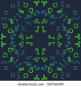 Zodiac circular pattern, sign , doodles, hole,taurus,capricorn,virgo,pisces, cancer,scorpio,libra, gemini,aquarius, lion,aries,sagittarius. Hand drawn.