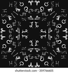Zodiac circular pattern, sign , doodles, hole,taurus,capricorn,virgo,pisces, cancer,scorpio,libra, gemini,aquarius, lion,aries,sagittarius. Hand drawn.