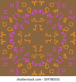 Zodiac circular pattern, sign , doodles, hole, Taurus, Capricorn, Virgo, Pisces, Cancer, Scorpio,Libra, Gemini,Aquarius, lion,Aries, Sagittarius. Hand drawn.