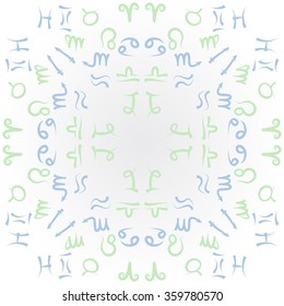 Zodiac circular pattern, sign , doodles, hole, Taurus, Capricorn, Virgo, Pisces, Cancer, Scorpio,Libra, Gemini,Aquarius, lion,Aries, Sagittarius. Hand drawn.