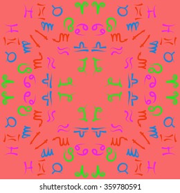 Zodiac circular pattern, sign , doodles, hole, Taurus, Capricorn, Virgo, Pisces, Cancer, Scorpio,Libra, Gemini,Aquarius, lion,Aries, Sagittarius. Hand drawn.