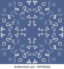 Zodiac circular pattern, sign , doodles, hole,taurus,capricorn,virgo,pisces, cancer,scorpio,libra, gemini,aquarius, lion,aries,sagittarius. Hand drawn.