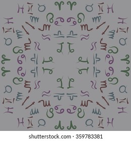 Zodiac circular pattern, sign , doodles, hole,taurus,capricorn,virgo,pisces, cancer,scorpio,libra, gemini,aquarius, lion,aries,sagittarius. Hand drawn.