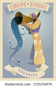 Zodiac Circus. Aquarius sign. Bearded man dressed as a magician in oriental style, holding a magic container from which water rises