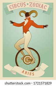 Zodiac Circus. Aries sign. Tightrope walker wearing horns acting on unicycle