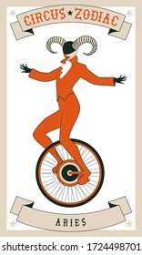 Zodiac Circus. Aries sign. Tightrope walker wearing horns acting on unicycle