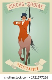 Zodiac Circus. Sagittarius sign. Centaur shooting arrows. Wearing top hat and elegant hunter clothes
