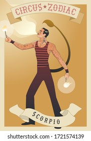 Zodiac Circus. Scorpio Sign. Fire Eater Man Blowing Fire. Wearing Old Style Clothes And Tattoos. Scorpion Tail Shadow.