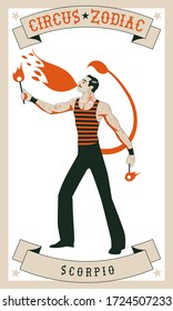 Zodiac Circus. Scorpio Sign. Fire Eater Man Blowing Fire. Wearing Old Style Clothes And Tattoos. Scorpion Tail Shadow.