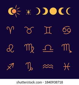 Zodiac clipart. Set of zodiac symbol icons. Moon, sun, star, celestial clipart, cute kids astrological symbols.