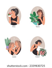 Zodiac collection astrological set with beautiful girls, Aries, Taurus, Gemini, Cancer, horoscope symbol sign. Vector illustration with women and houseplants. Beautiful woman character horoscope