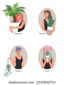 Zodiac collection astrological set with beautiful girls, Sagittarius, Capricorn, Aquarius, Pisces, horoscope symbol sign. Vector illustration with woman and houseplant