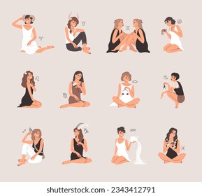 Zodiac collection with beautiful woman characters in female astrology concept, astrological signs symbols with girls in vector graphic illustrations. Character woman with astrology design horoscope