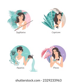 Zodiac collection set with beautiful woman, Sagittarius, Capricorn, Aquarius, Pisces, horoscope astrology symbol sign. Vector illustration with houseplants. Astrology horoscope woman zodiac collection