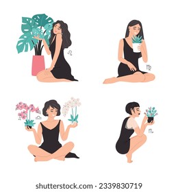 Zodiac collection set with beautiful woman, Leo, Virgo, Libra, Scorpio, horoscope astrology symbol sign. Vector illustration with houseplants. Female leo and scorpio, astrology libra and zodiac virgo