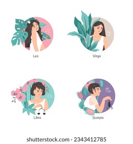 Colección de Zodiac ambientada con hermosa mujer, Leo, Virgo, Libra, Scorpio, símbolo de astrología de horóscopo. Ilustración vectorial con plantas domésticas. Horóscopo esotérico, leo y escorpio