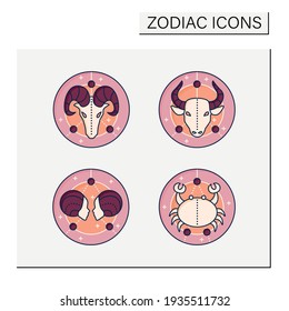 Zodiac color icons set. Fourth fire signs in zodiac. Birth symbols.Cancer, gemini, aries, taurus. Mystic horoscope signs. Astrological science concept. Isolated vector illustrations