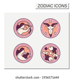 Zodiac color icons set. Fourth fire signs in zodiac.Birth symbols.Aquarius,sagittarius,capricorn,pisces.Mystic horoscope signs.Astrological science concept.Isolated vector illustrations