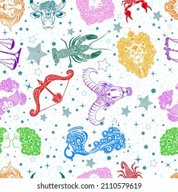 Zodiac colorful signs background is seamless. Vector illustration