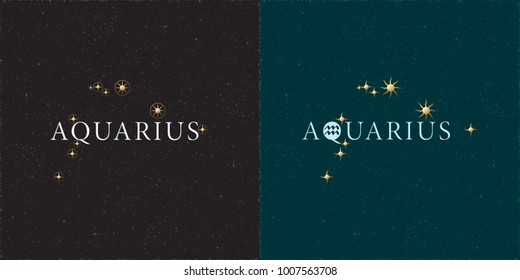 Zodiac Constellation Aquarius Chiseled Stars and Logo Lettering with Aquarius Zodiac Sign Symbol - White and Golden Elements on Black Grunge Background - Vector Mixed Graphic Design