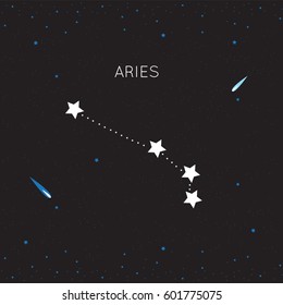 Zodiac constellation Aries, Ari, the Ram on night sky with stars and meteors, vector
