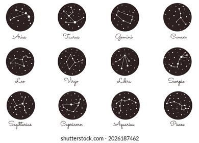 Zodiac constellation. Aries, taurus, gemini, cancer, leo, virgo, libra, scorpio, pisces. Zodiac signs flat icon set
