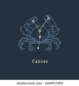 Zodiac constellation of Cancer on background of hand drawn symbol in engraving style. Vector retro graphic illustration of astrological sign Crab.