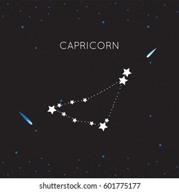 Zodiac constellation Capricorn, Capricornus, Cap, the Sea Goat on night sky with stars and meteors, vector