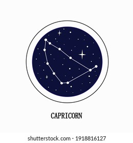 The zodiac constellation of Capricorn is a cluster of celestial bodies against a dark blue starry sky. Vector EPS 10.