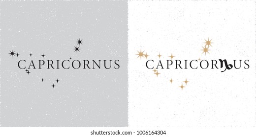 Zodiac Constellation Capricornus Stars and Logo Lettering with Capricorn Zodiac Sign Symbol - Black and Beige Elements on White Grunge Background - Vector Contrast Graphic Design