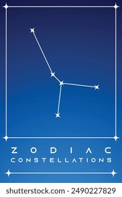 Zodiac constellation card. Zodiacal mystic astrology vector symbols with stars on blue background