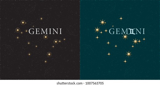 Zodiac Constellation Gemini Chiseled Stars and Logo Lettering with Gemini Zodiac Sign Symbol - White and Golden Elements on Black Grunge Background - Vector Mixed Graphic Design