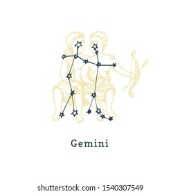 Zodiac constellation of Gemini on background of hand drawn symbol in engraving style. Vector retro graphic illustration of astrological sign Twins.