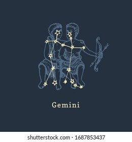 Zodiac constellation of Gemini on background of hand drawn symbol in engraving style. Vector retro graphic illustration of astrological sign Twins.